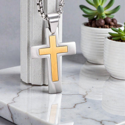 Collier homme, pendentif Croix Double Élite.| Inoxydable Premium