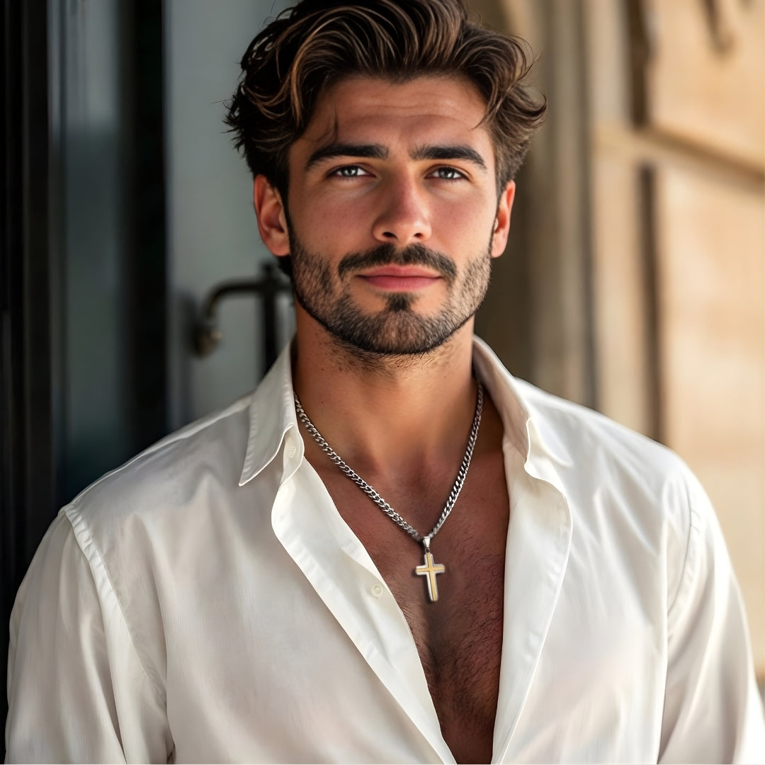 Collier homme, pendentif croix "double couche"