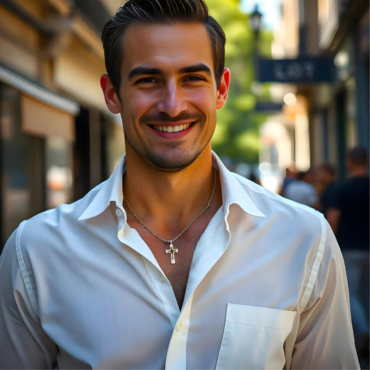 collier-homme-sourit- dans la rue-Paris-chemise blanche-élégant-croix-Triple cross-argent-or-noir-chaîne argentée-