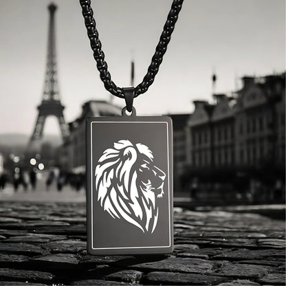 Collier homme- pendentif LÉOLOOK™  ; Collier tête de Lion gravé sur plaque
