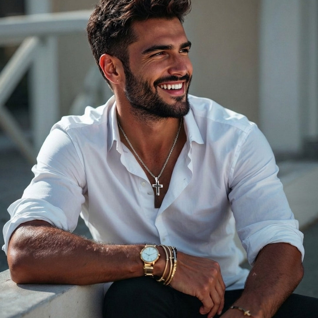 Collier homme, pendentif Croix Double Élite.| Inoxydable Premium