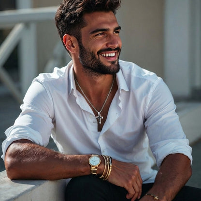 Collier homme, pendentif Croix Double Élite.| Inoxydable Premium