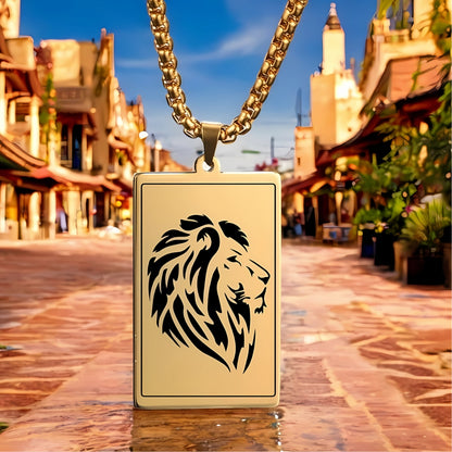 Collier homme- pendentif LÉOLOOK™  ; Collier tête de Lion gravé sur plaque