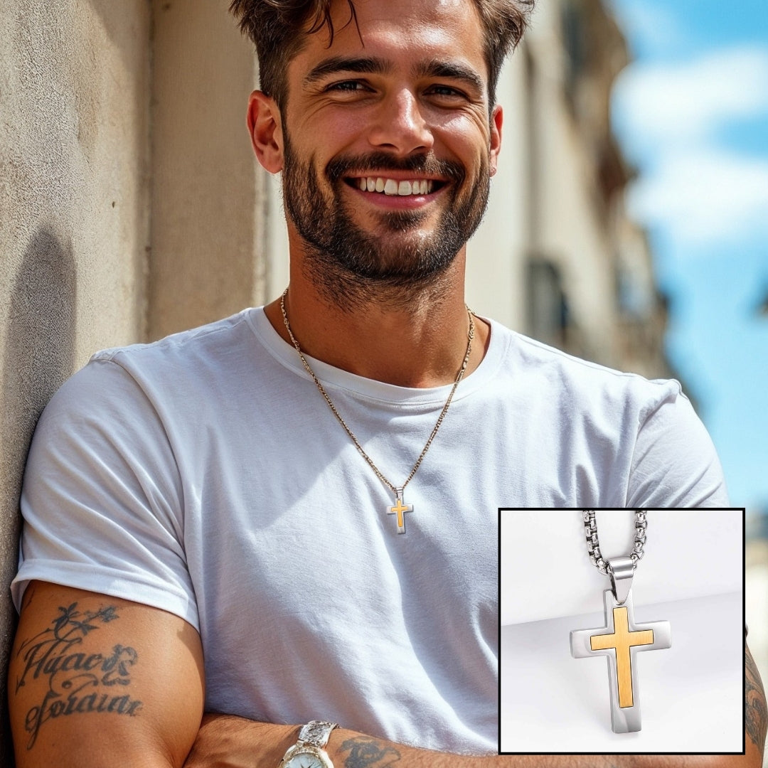 Collier homme, pendentif Croix Double Élite.| Inoxydable Premium