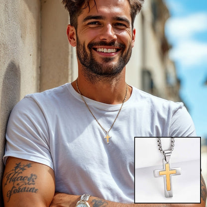 Collier homme, pendentif Croix Double Élite.| Inoxydable Premium