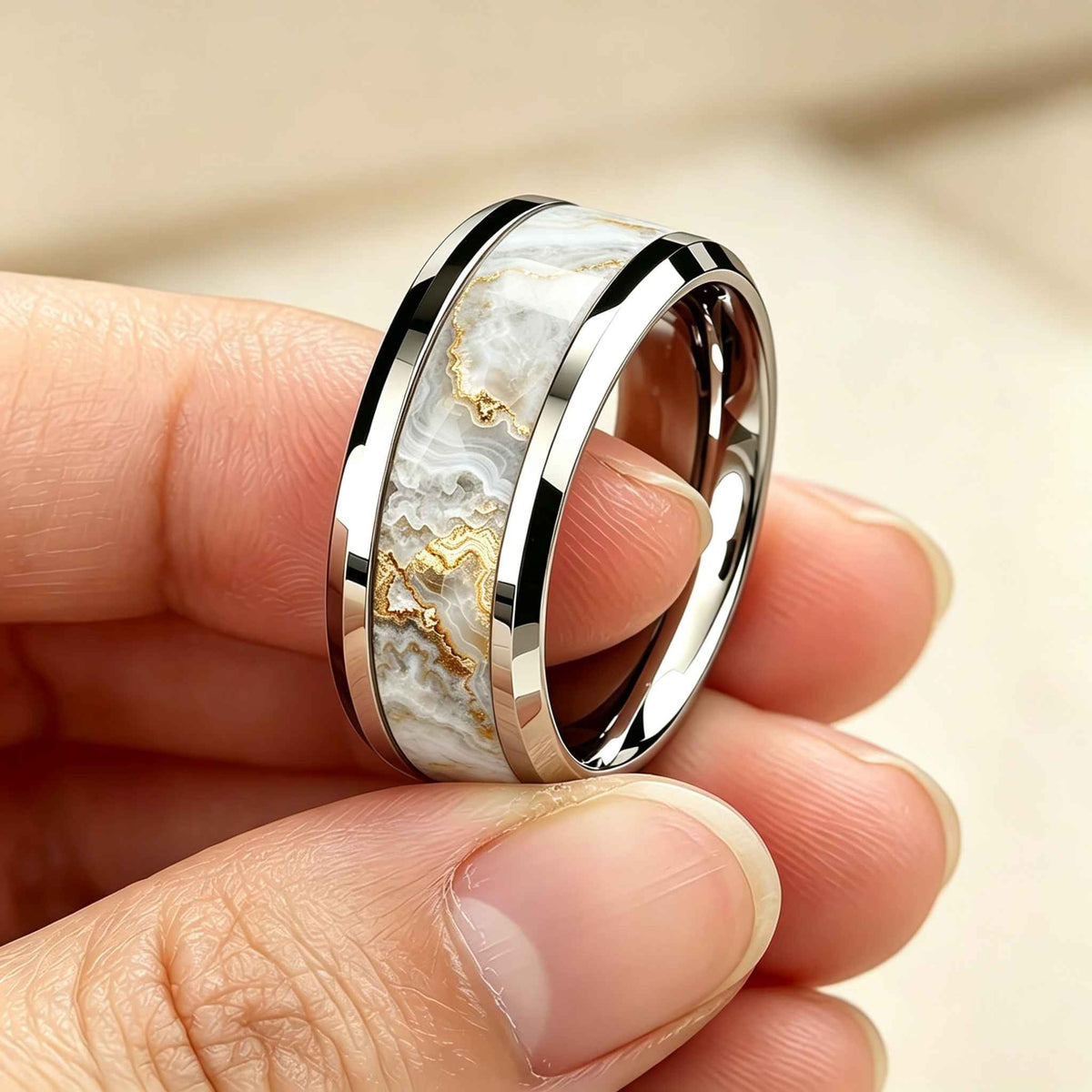 Bague Alliance Homme |  Agate blanche artificielle « Lithos »