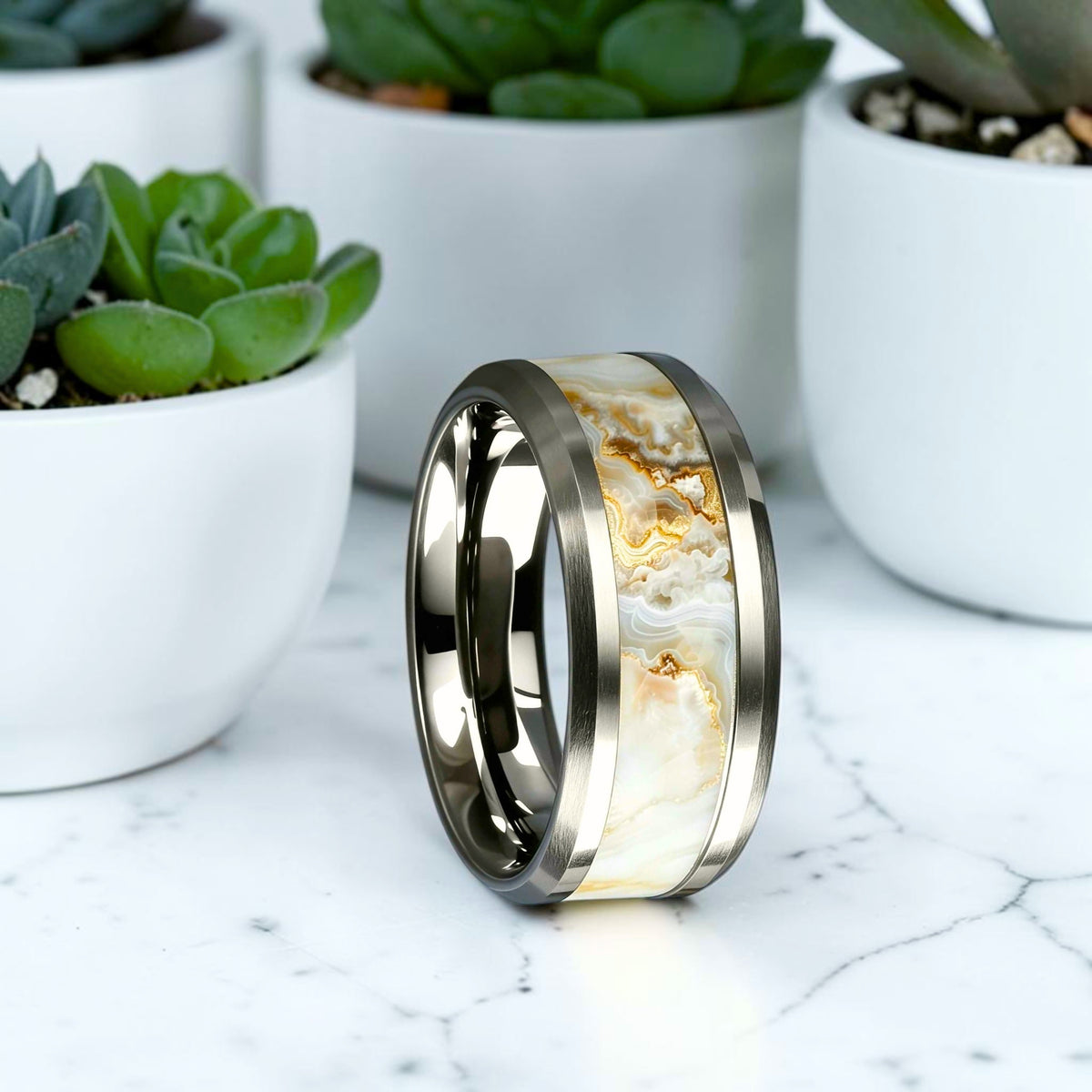 Bague Alliance Homme |  Agate blanche artificielle « Lithos »