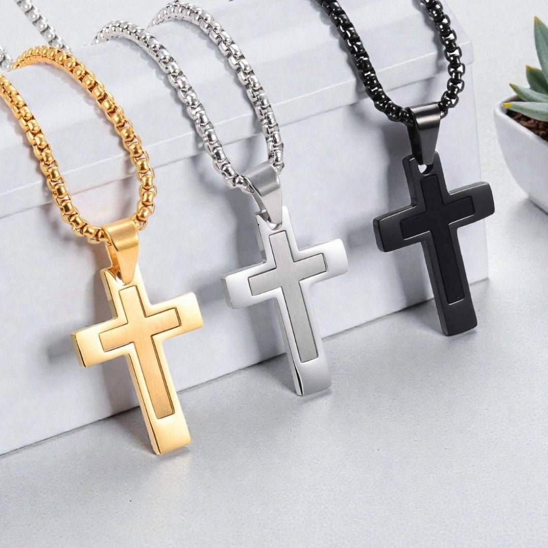 Collier homme, pendentif Croix Double Élite.| Inoxydable Premium
