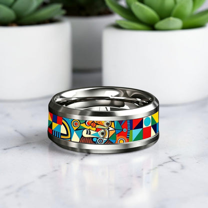 Bague acier inoxydable | abstrait géométrique coloré « Vision Arty »