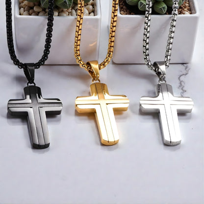 Collier homme, pendentif croix "double couche"