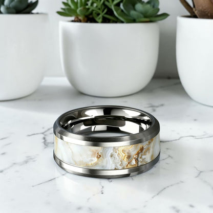 Bague Alliance Homme |  Agate blanche artificielle « Lithos »