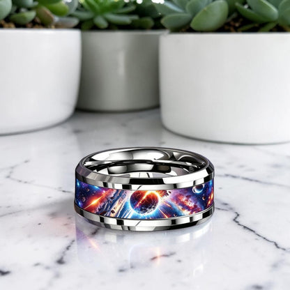 Bague acier inoxydable | motif galaxie cosmique "Astro-Cosmos"