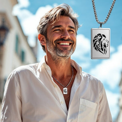 Collier homme- pendentif LÉOLOOK™  ; Collier tête de Lion gravé sur plaque