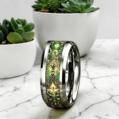 Bague acier homme | mystique Arbre de vie "Éveil d'Yggdrasil"