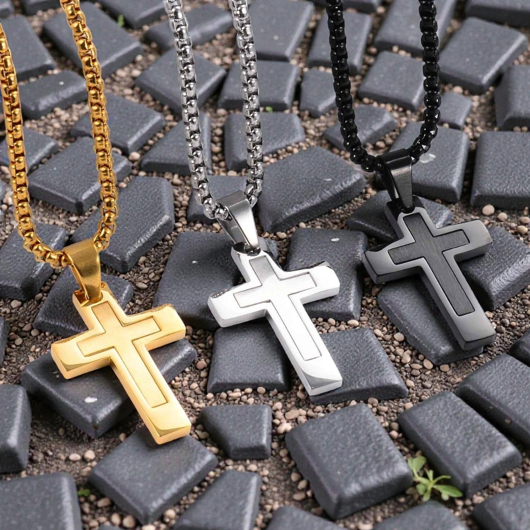 Collier homme, pendentif Croix Double Élite.| Inoxydable Premium
