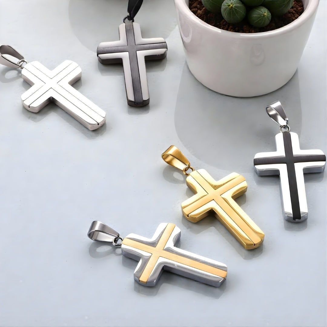 Collier homme, pendentif croix "double couche"