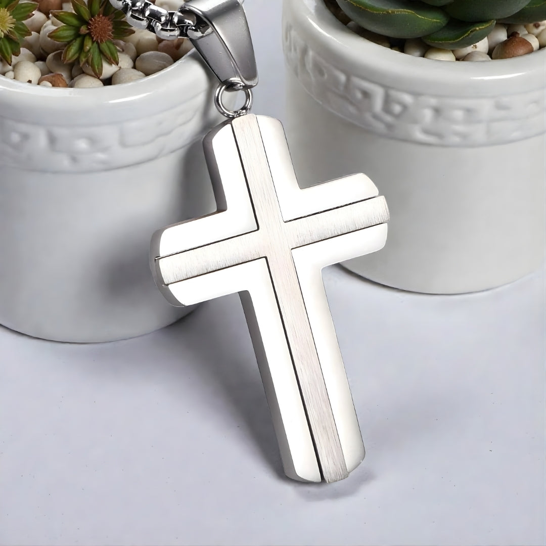 Collier homme, pendentif croix "double couche"