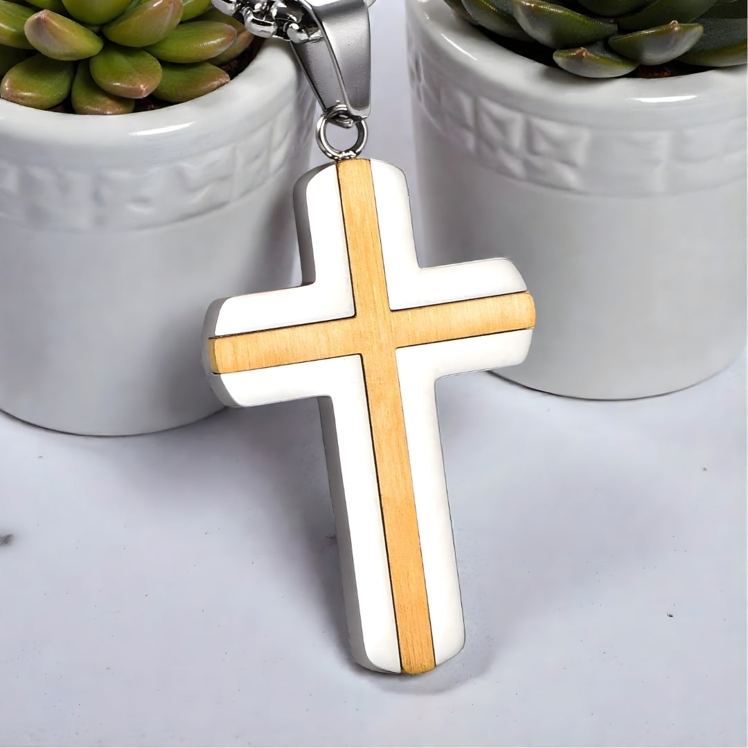 Collier homme, pendentif croix "double couche"