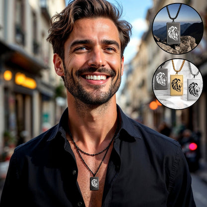 Collier homme- pendentif LÉOLOOK™  ; Collier tête de Lion gravé sur plaque
