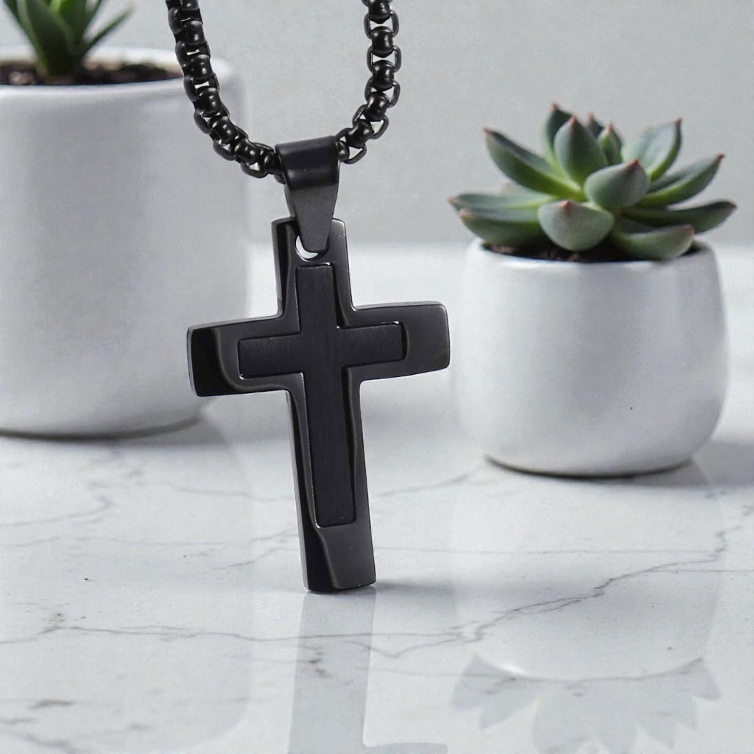 Collier homme, pendentif Croix Double Élite.| Inoxydable Premium