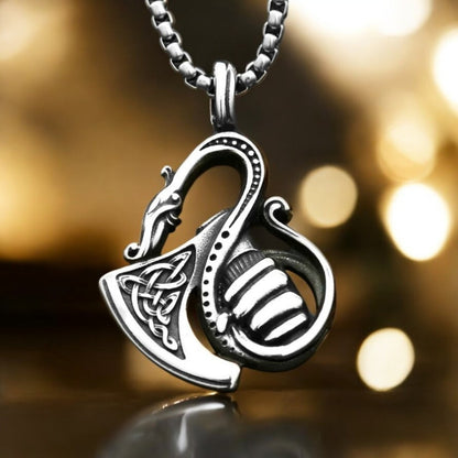 Collier homme-pendentif DRAGONAXE™ : L'alliance mystique du dragon et du viking