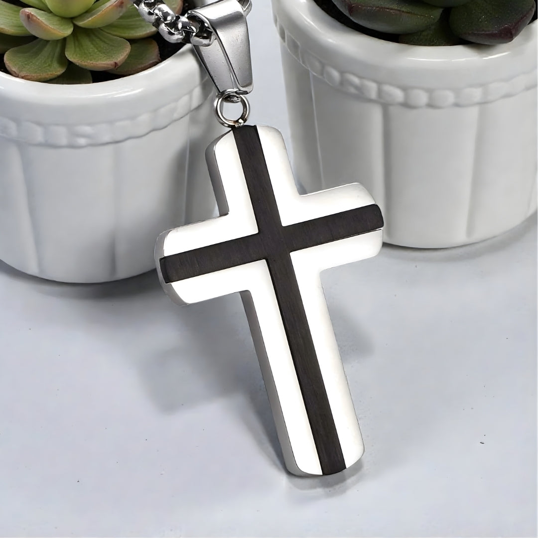 Collier homme, pendentif croix "double couche"