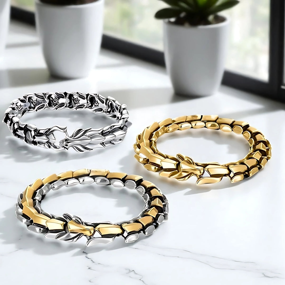 BRACELET homme dragon magnifique trois couleurs argent or bi couleur presentation