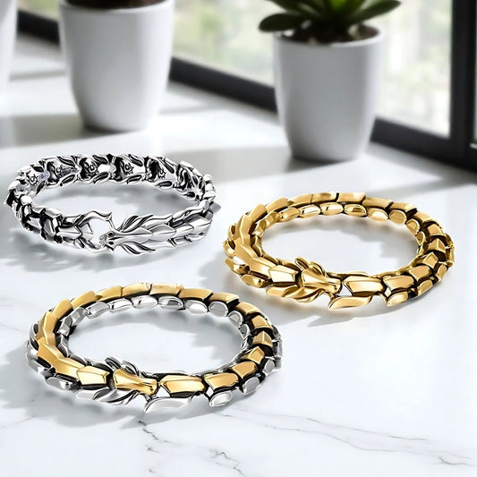 BRACELET homme dragon magnifique trois couleurs argent or bi couleur presentation