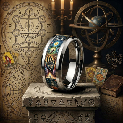 Bague Mystique homme acier sur socle pierre - univers ésotérique symboles alchimiques - mmihommesmodernes.com