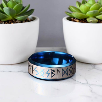 Bague homme, Alliance Viking Futhark en Acier Bicolore variante bleue