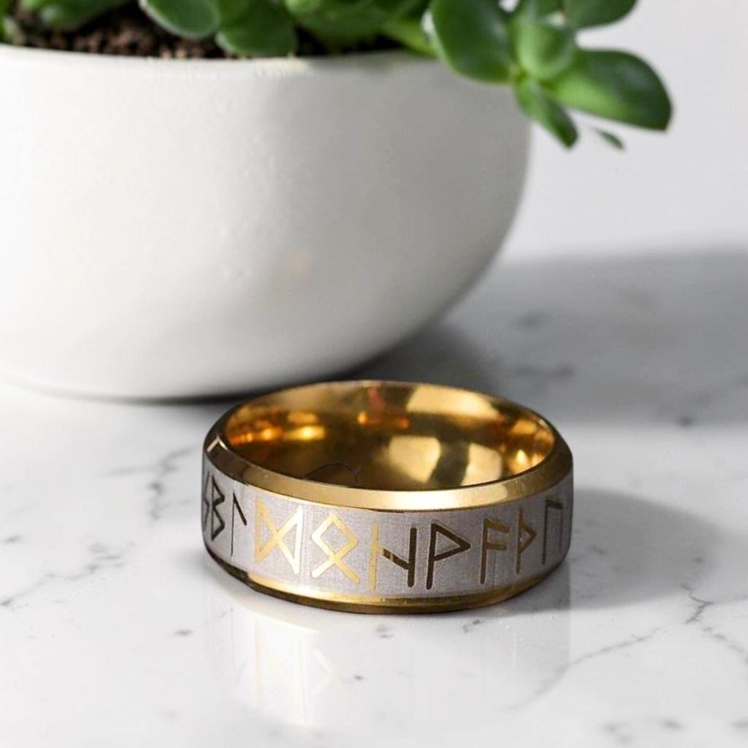 Bague homme, Alliance Viking Futhark en Acier Bicolore variante doree