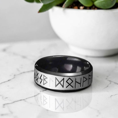 Bague homme, Alliance Viking Futhark en Acier Bicolore variante noire