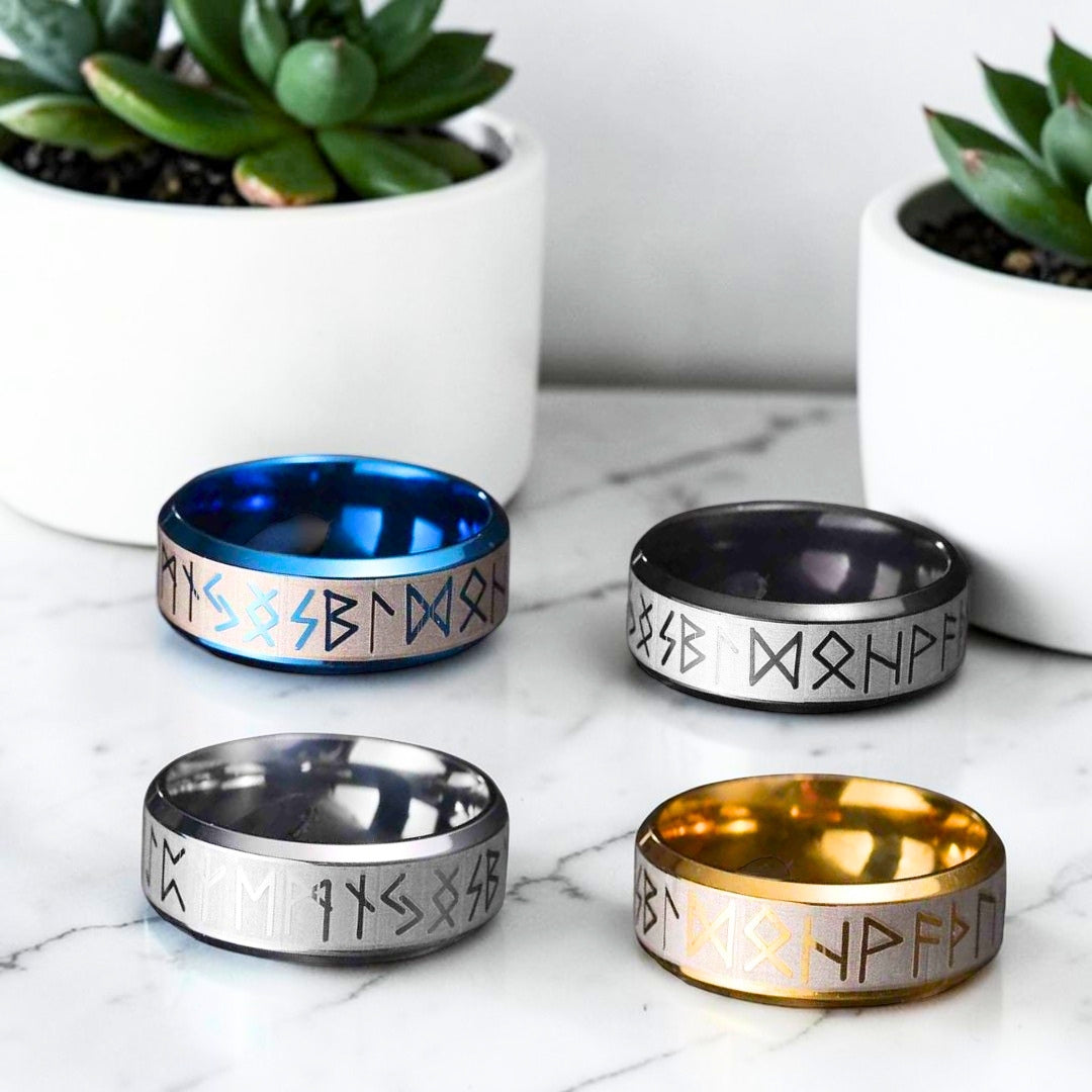 Bague homme, Alliance Viking Futhark en Acier Bicolore variantes dore bleu noire argent