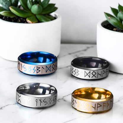 Bague homme, Alliance Viking Futhark en Acier Bicolore variantes dore bleu noire argent
