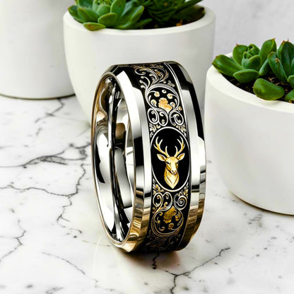 Bague homme Alpha Totem Cerf - gravure dorée totem animal acier inoxydable 316L