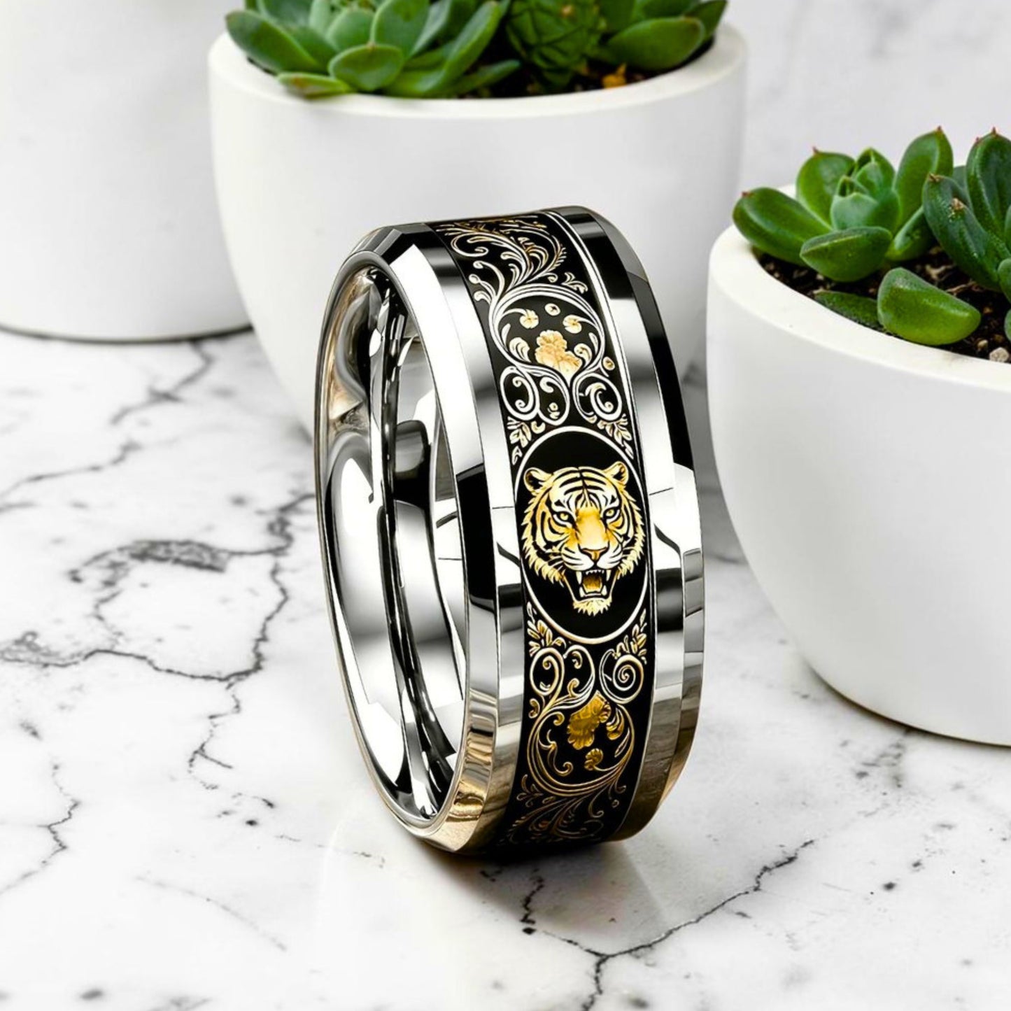 Bague homme Alpha Totem Tigre - gravure dorée totem animal acier inoxydable 316L