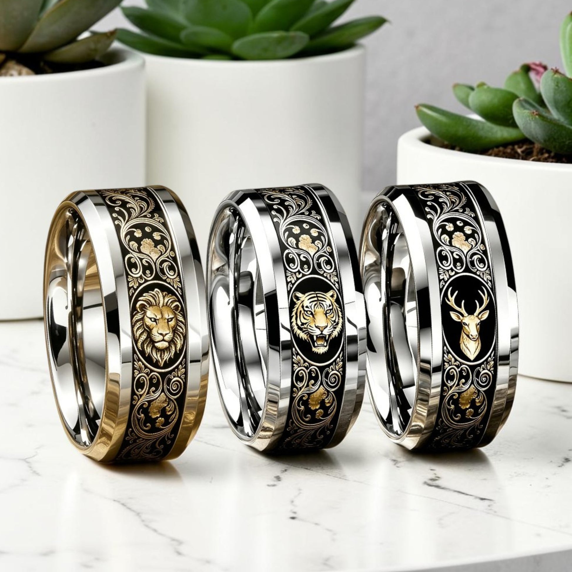 Bague homme Alpha Totem trio Lion Tigre Cerf - acier inoxydable gravures dorées baroques