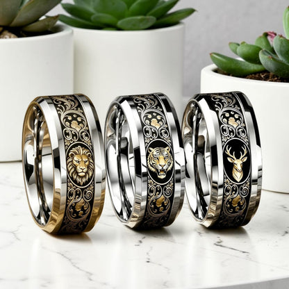 Bague homme Alpha Totem trio Lion Tigre Cerf - acier inoxydable gravures dorées baroques