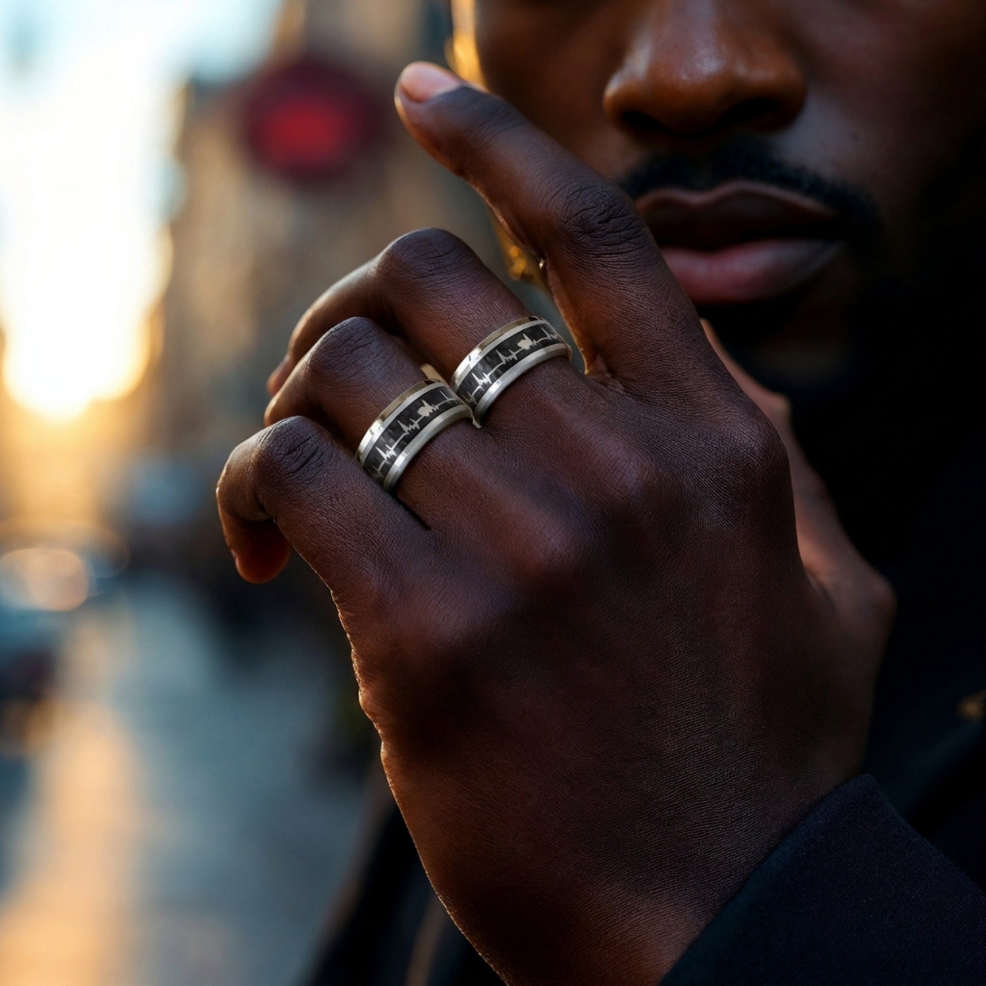 Bague homme Battement de Cœur en acier inoxydable et fibre de carbone argent main homme noir elegant