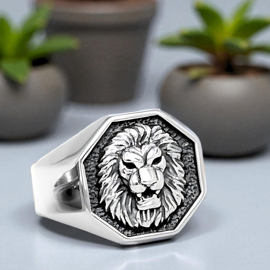 Bague homme LION RING™ argent table blanche