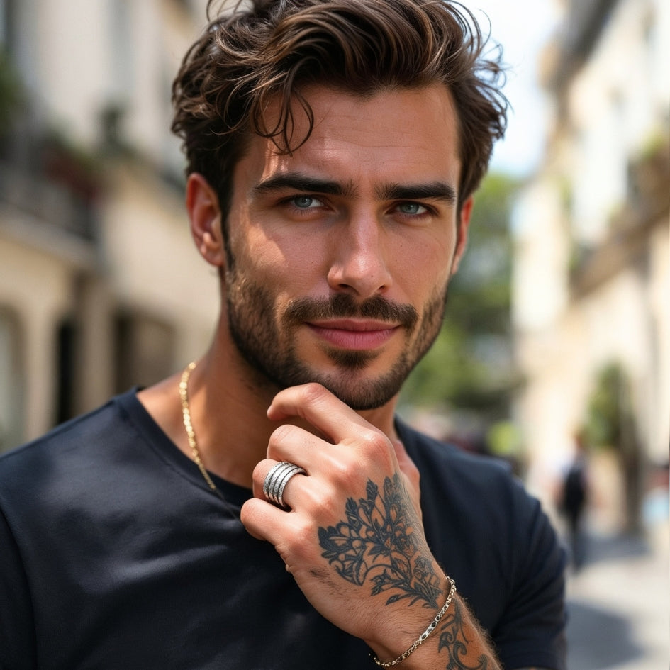 Bague homme "Odyssée industrielle" argent, t-shirt noir