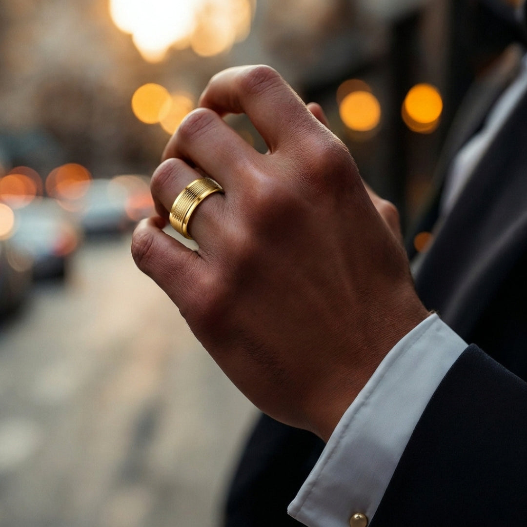 Bague homme, alliance Horizon Texture doré main blouson 