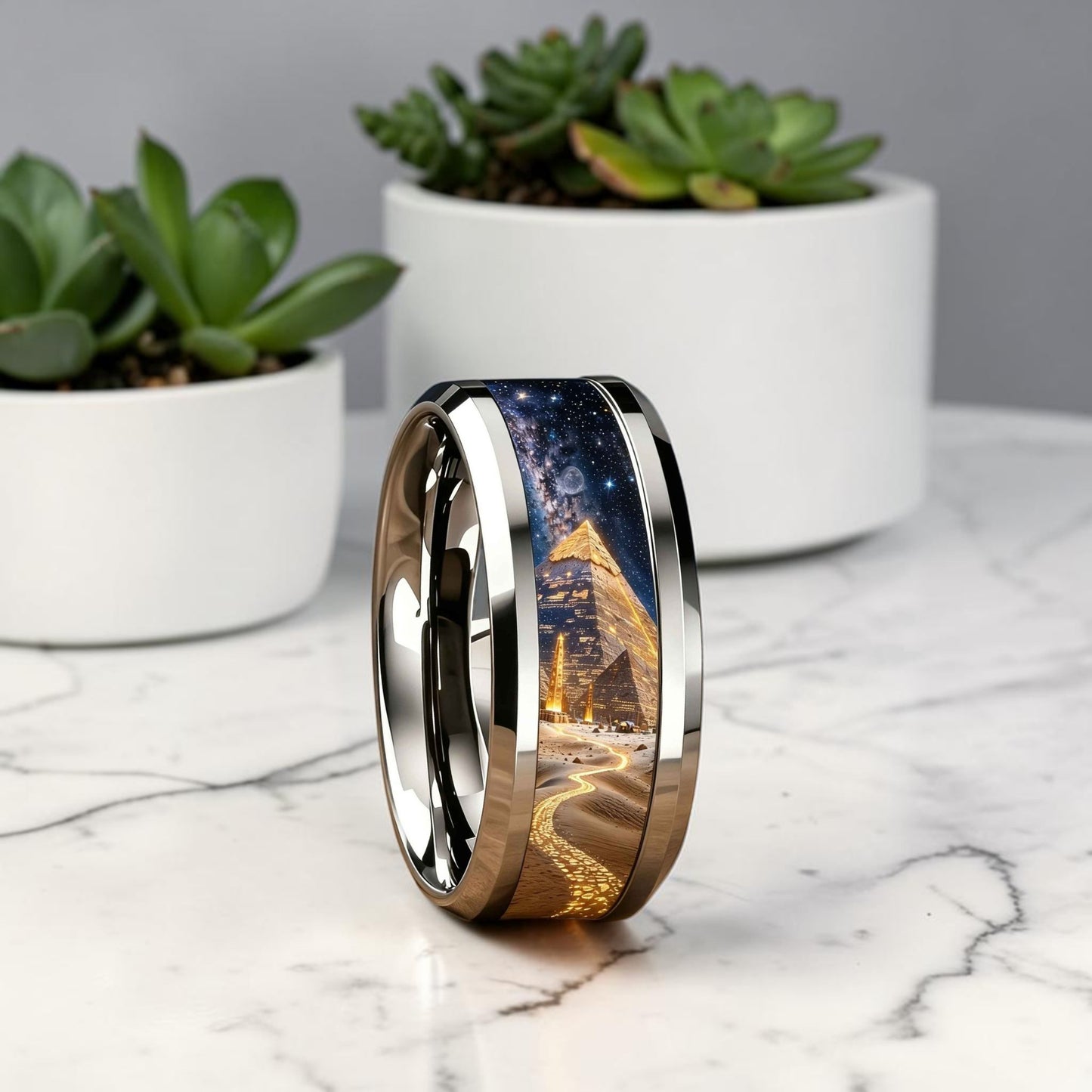 Bague homme en acier inoxydable avec incrustation mystique sur marbre