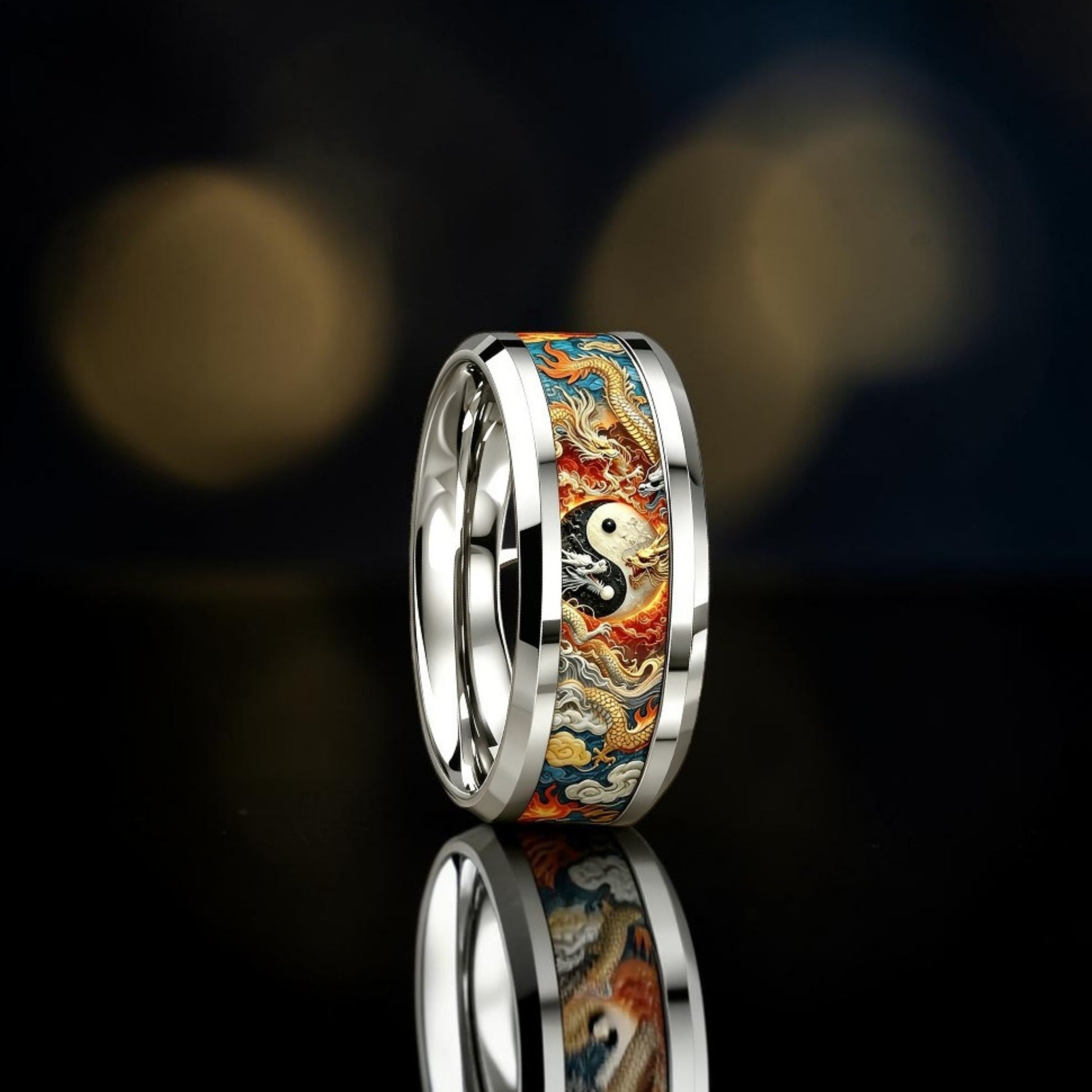 Bague mystique Dragon Yin-Yang acier inoxydable fond sombre - détail motif dragon chinois - mmihommesmodernes.com
