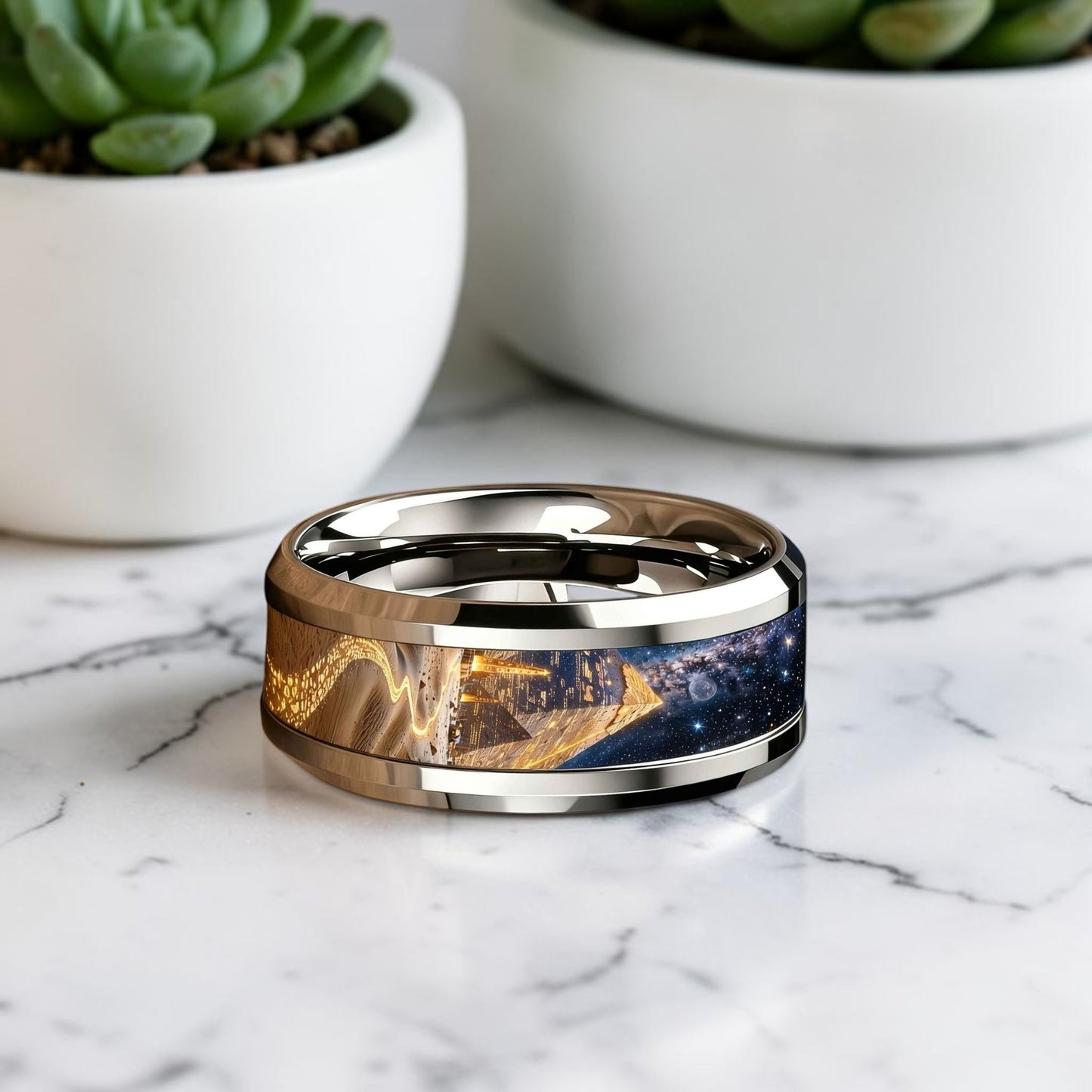 « Bague originale homme Héritage des Pharaons avec pyramides égyptiennes et ciel étoilé »