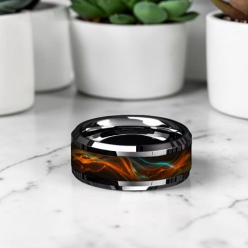 "Bague pour homme Aurore Magmatique modèle orange vue produit sur marbre - mmihommesmodernes.com"