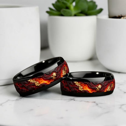 Bague pour homme L'Alliance Volcanique "Magma & Gold" deux anneaux marbre blanc
