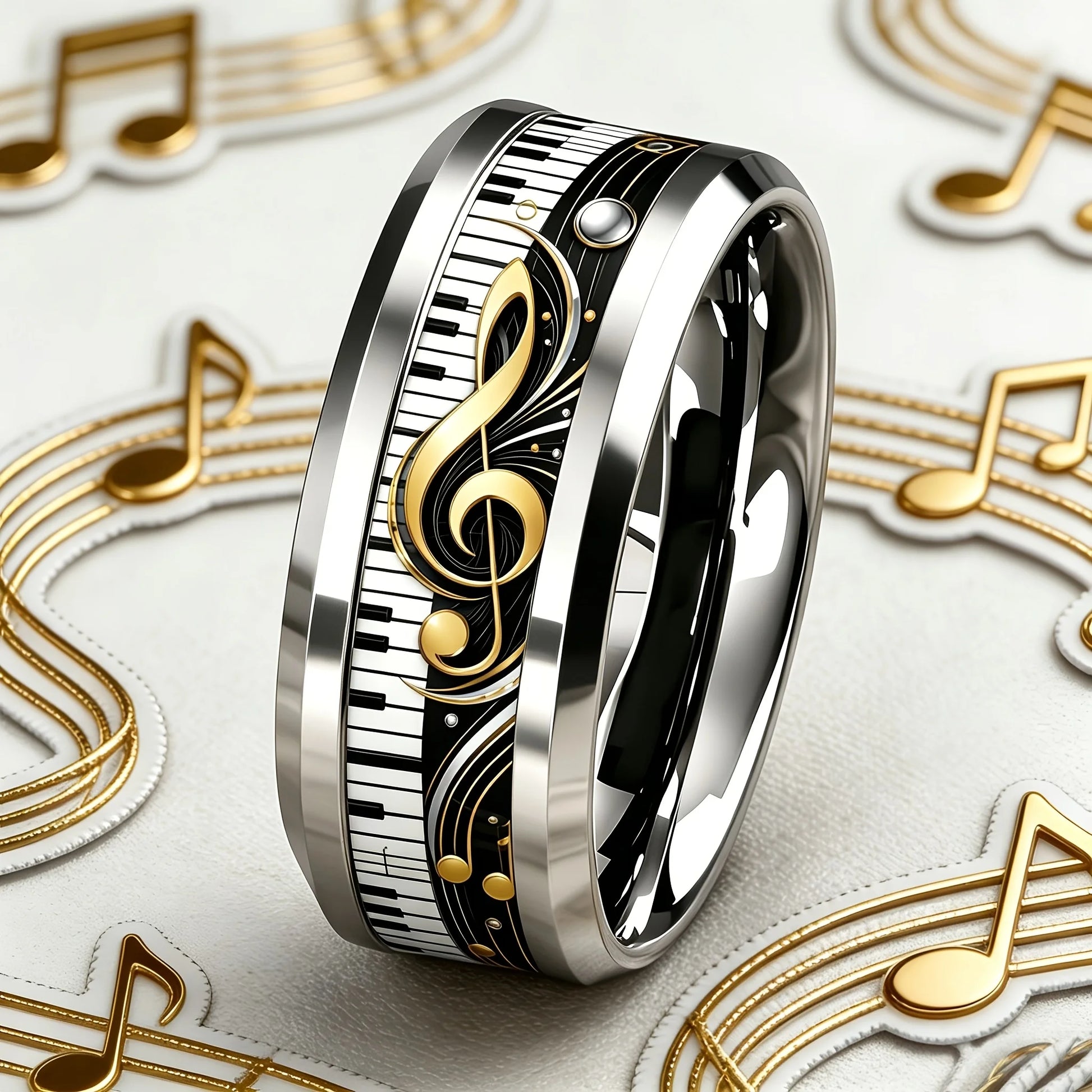 Bague tendance homme piano et clé de sol dorée «Symphonie de Sol II » decor musique musical