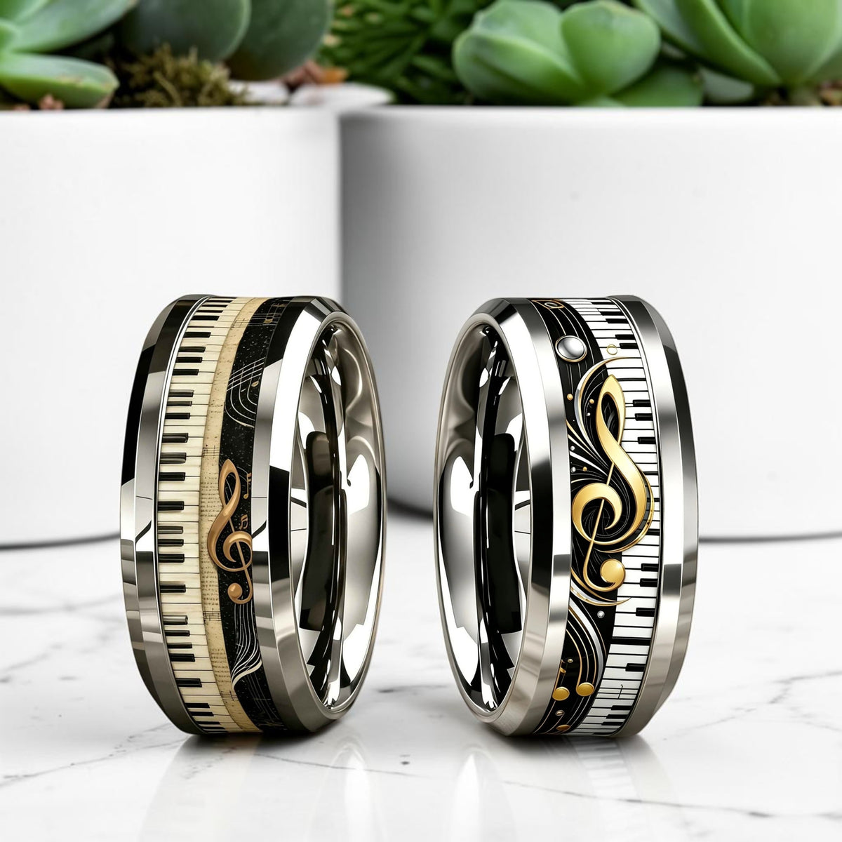 Bague tendance homme piano et clé de sol dorée «Symphonie de Sol II » deux variantes marbre