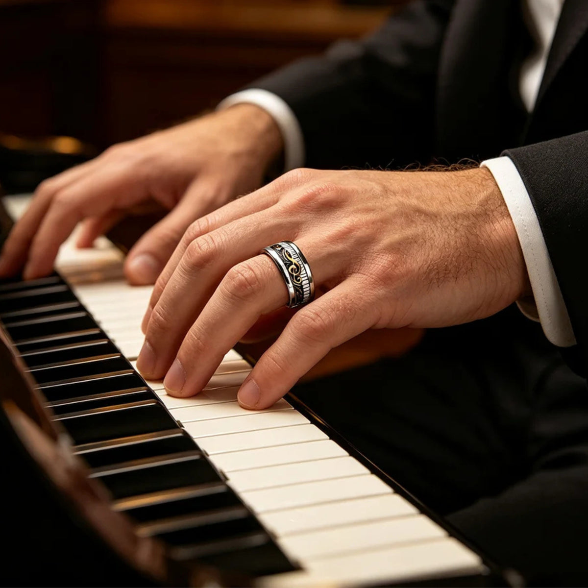 Bague tendance homme piano et clé de sol dorée «Symphonie de Sol II » joueur piano